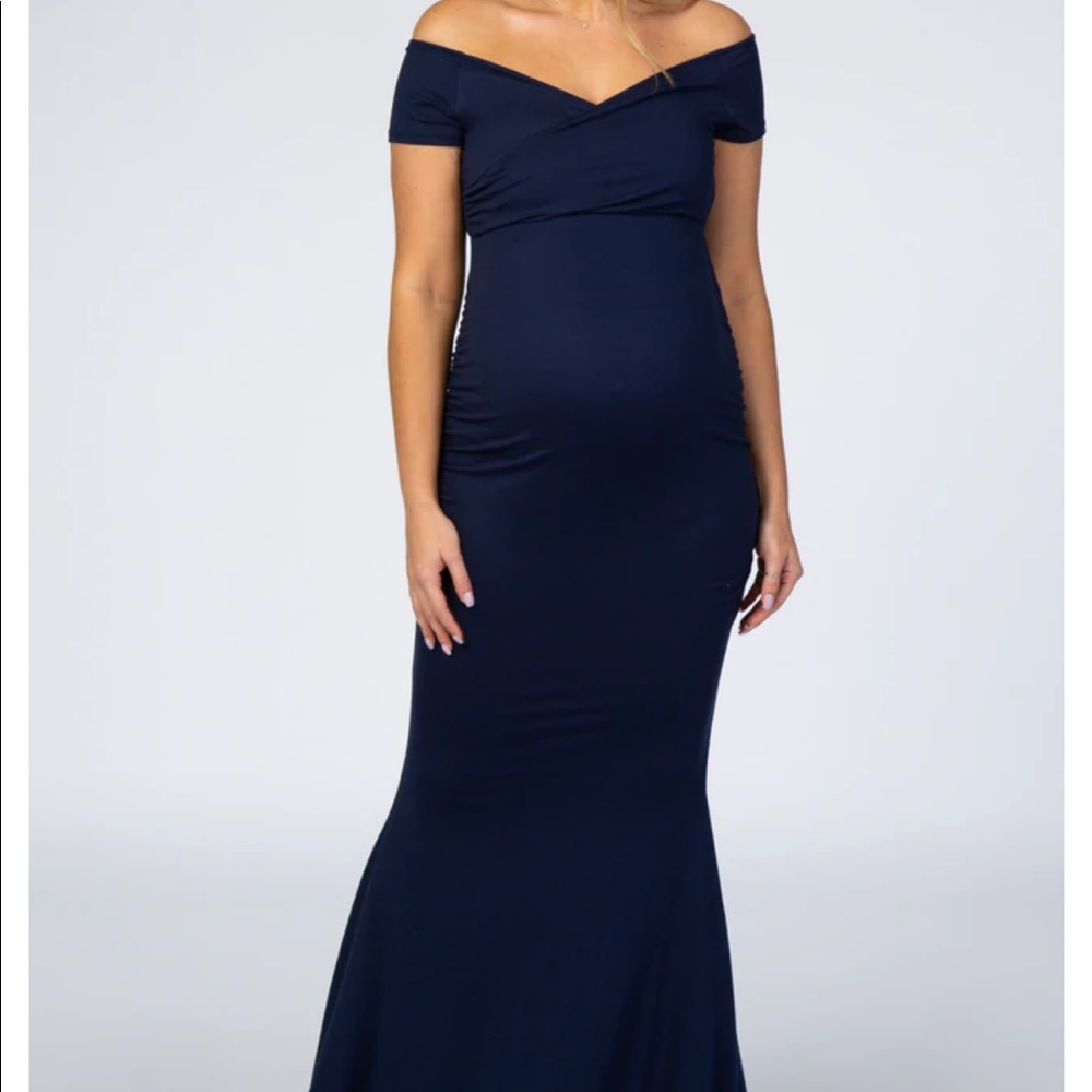 Navy off the shoulder maternity evening gown photo shoot dress